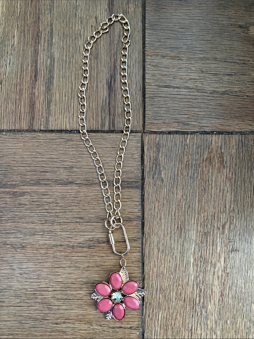 Hand-Crafted Gold Chain Necklace with Pink Flower Pendant - Unbranded
